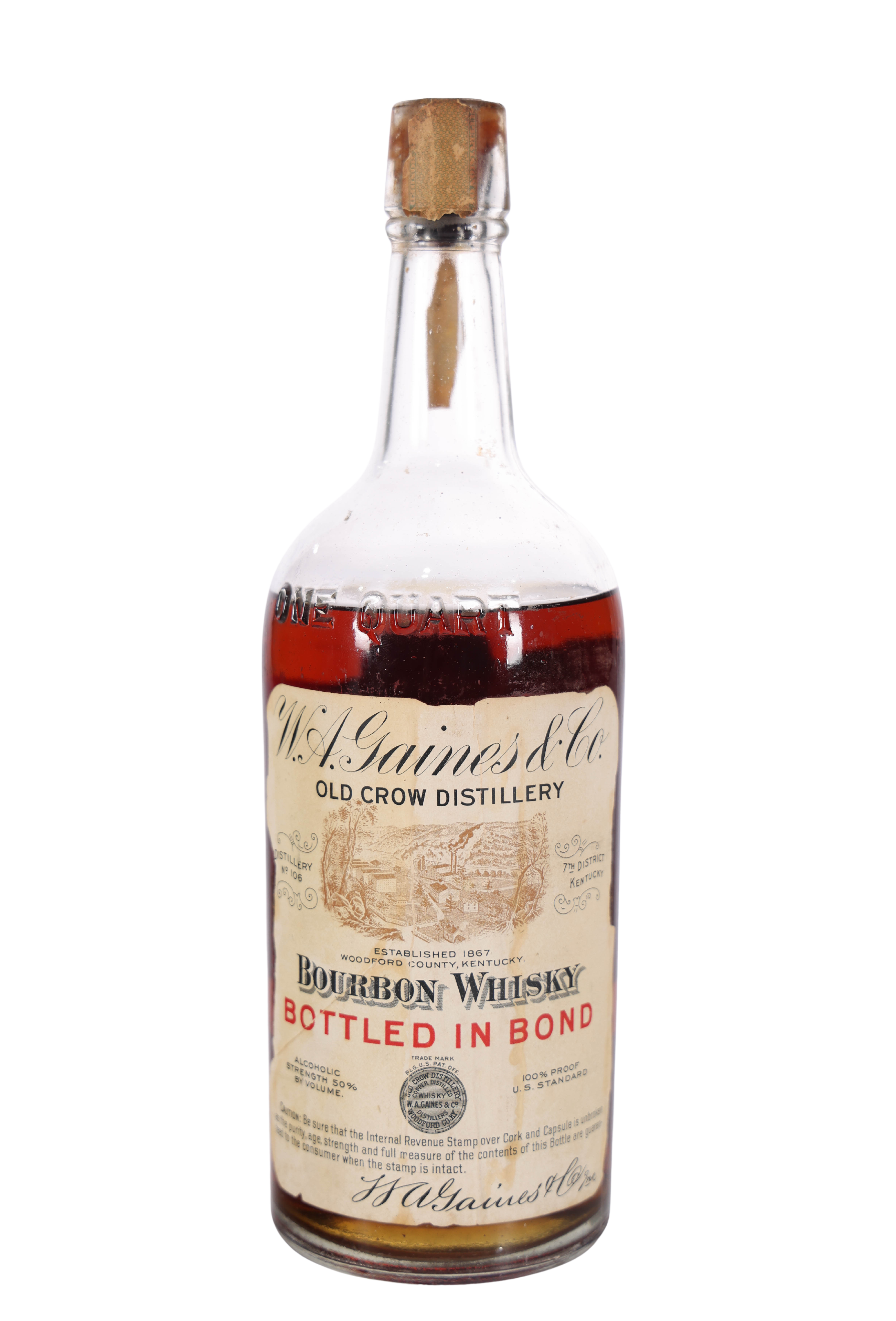 か*も様 ★ Old Crow Bourbon Whiskey 1 Quart Old Crow Bottled in Bond Quart (1913) - Rare Vintage Whiskey - Old